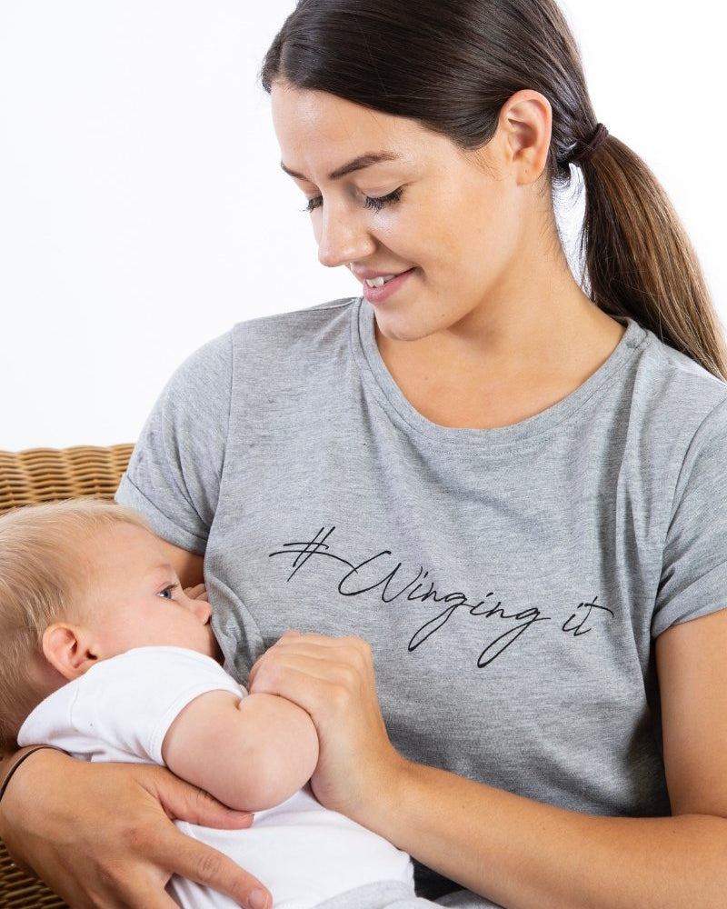 Grey WINGING IT Breastfeeding T-shirt (Black Print) - The Milky Tee Company