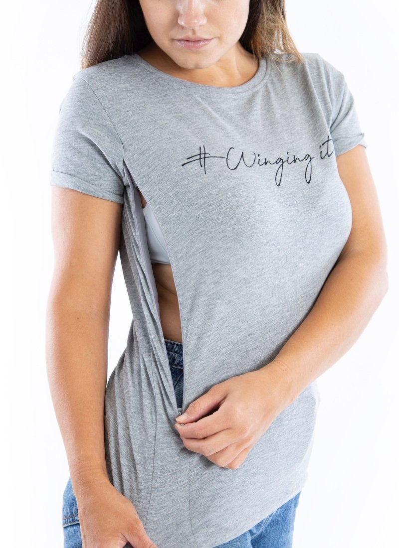 Grey WINGING IT Breastfeeding T-shirt (Black Print) - The Milky Tee Company