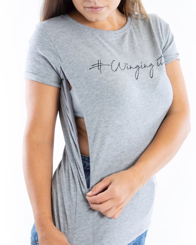 Grey WINGING IT Breastfeeding T-shirt (Black Print) - The Milky Tee Company